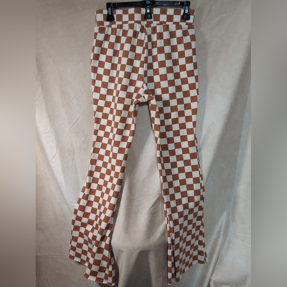 Grayson Threads Checkered Flare Lounge Pants Brown White Small Raw Hem High Rise - Picture 3 of 10